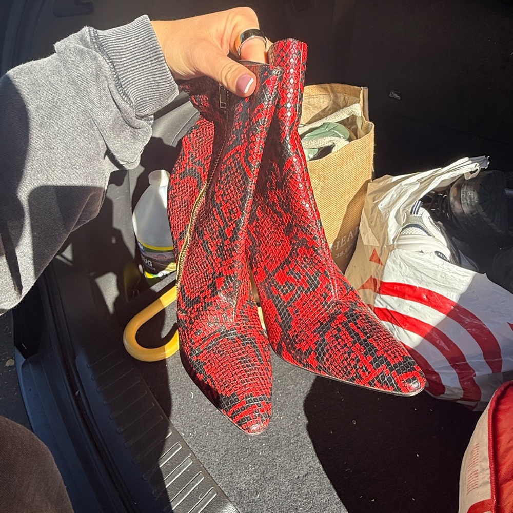 Mistress Rockw Red Snake Print Ankle Booties